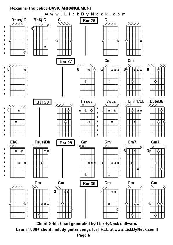 Chord Grids Chart of chord melody fingerstyle guitar song-Roxanne-The police-BASIC ARRANGEMENT,generated by LickByNeck software.